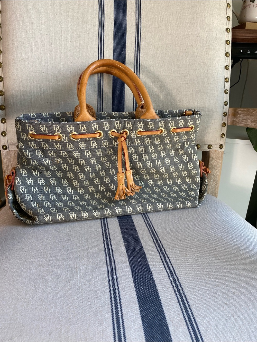 Dooney & Bourke Grey Vintage Signature Canvas Tote with Tan Leather made in USA